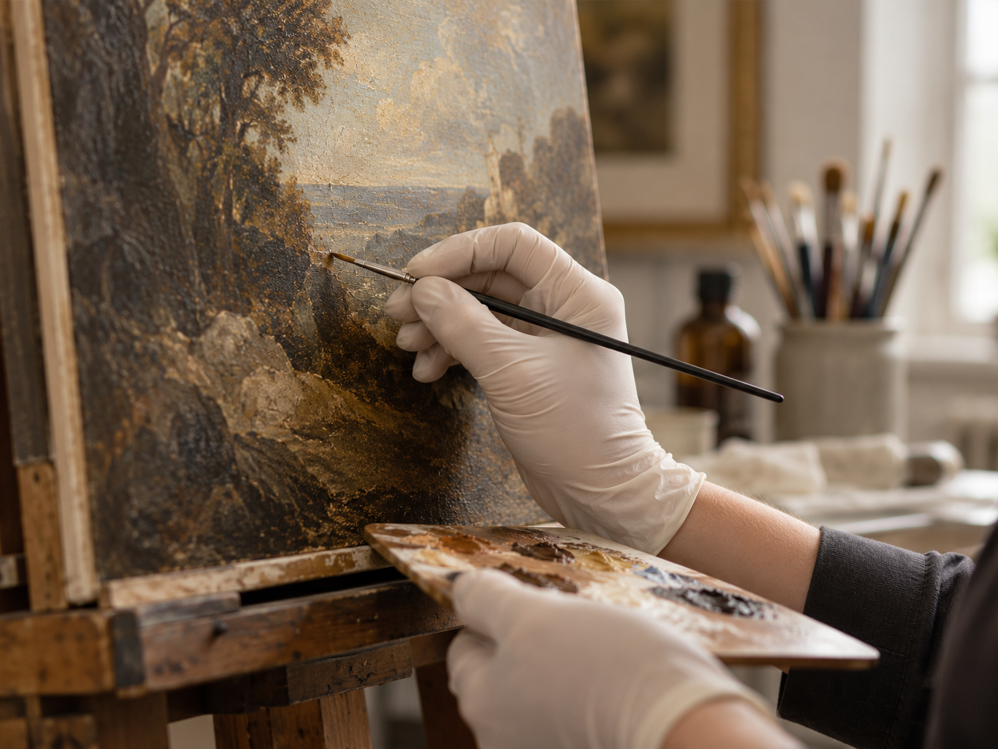Gloved hands carefully treating the surface of a landscape painting on an easel