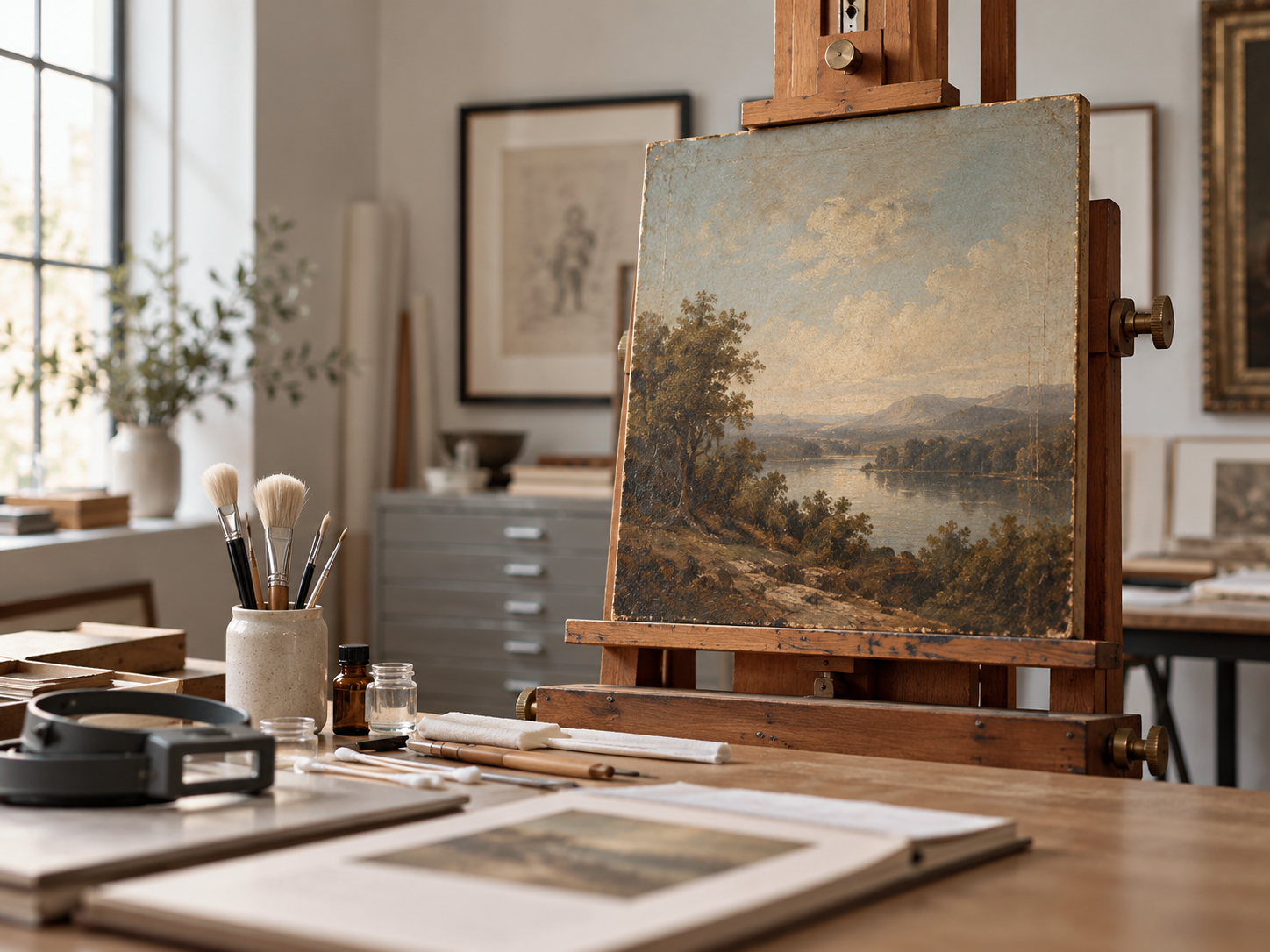 Painting on an easel in a conservation studio with soft brushes, cotton swabs and a magnifier nearby