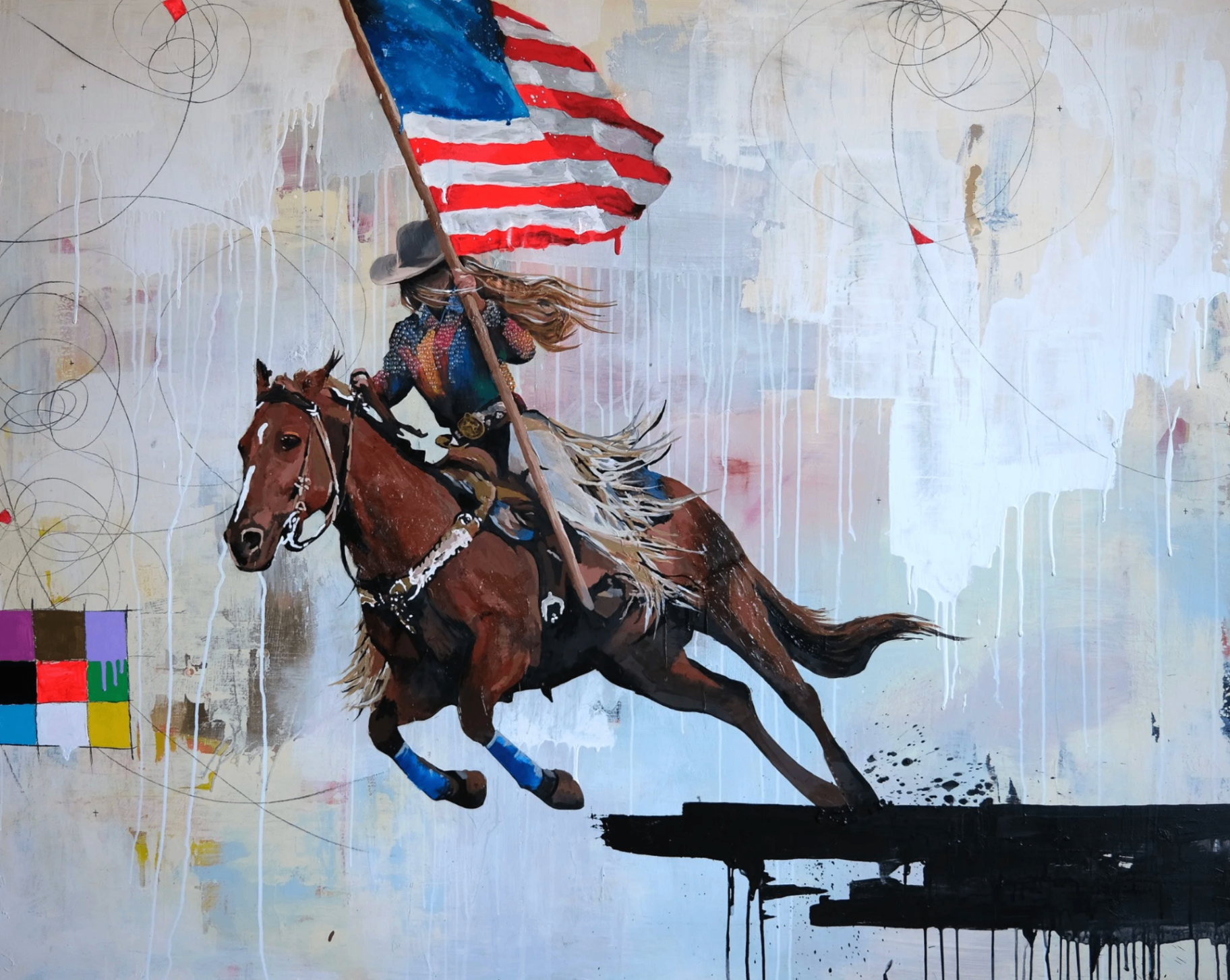 Featured work from Hemmings Gallery — contemporary western painting of a flag-bearing rider on horseback