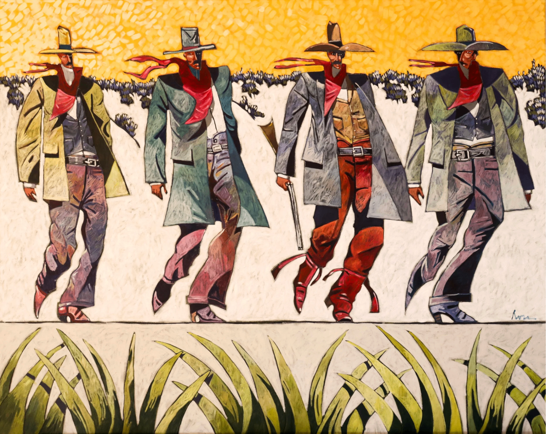 Painting by Thom Ross of four stylized cowboys walking against a vivid yellow sky, available at Hemmings Gallery